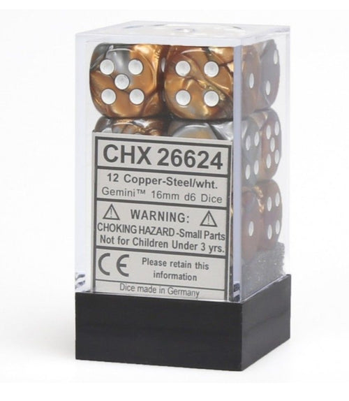 Chessex Dice: Gemini - 16mm D6 Copper Steel/White (12)