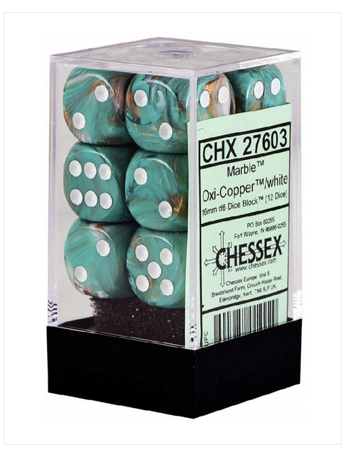 Chessex Marble Oxi-Copper/White 16mm D6 Dice Block (12)