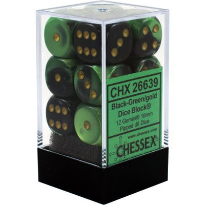 Chessex : 16mm d6 set Black-Green/Gold