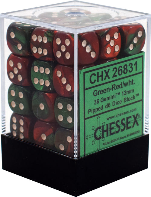 Chessex Gemini Green-Red/White Set of 36 D6 Dice