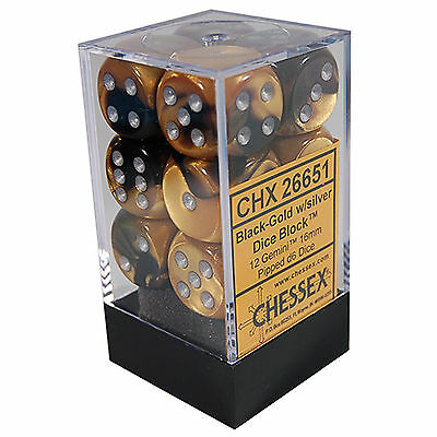 Chessex Dice: Gemini 6 - 16mm D6 Black Gold/Silver (12)